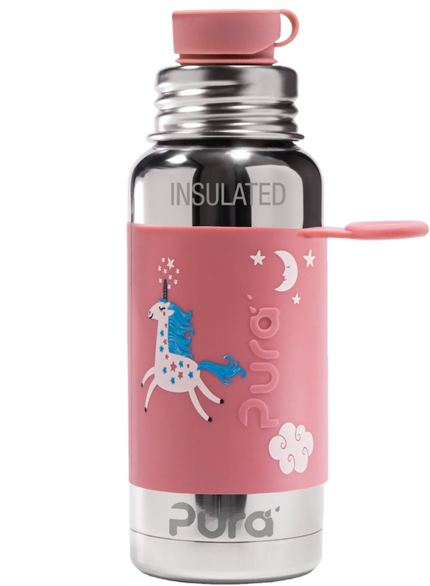 Pura Thermos Sportfles 475 ml - Thermoskan - Thermosbeker - Plasticvrij - Met Dubbele Wand - Inclusief Sportdop en Sportsleeve - Top is Verwisselbaar - Unicorn