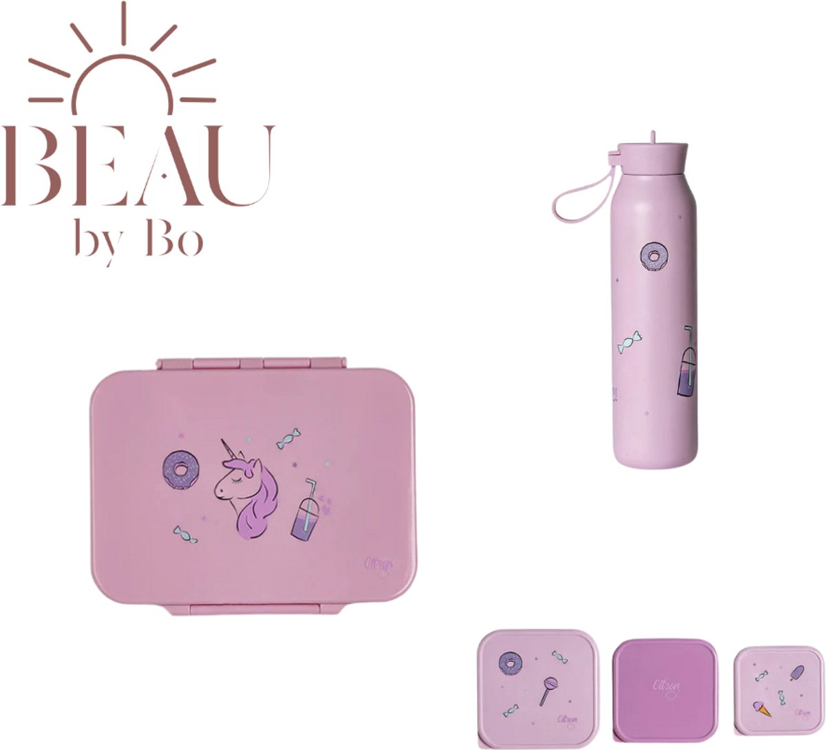 BEAU by Bo Citron Back to school set - Grote Lunchbox/Drinkfles 500ml/3 Snackdozen - Stormy Unicorn