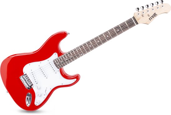Rode elektrische gitaar van MAX met witte slagplaat, liggend op een witte achtergrond.