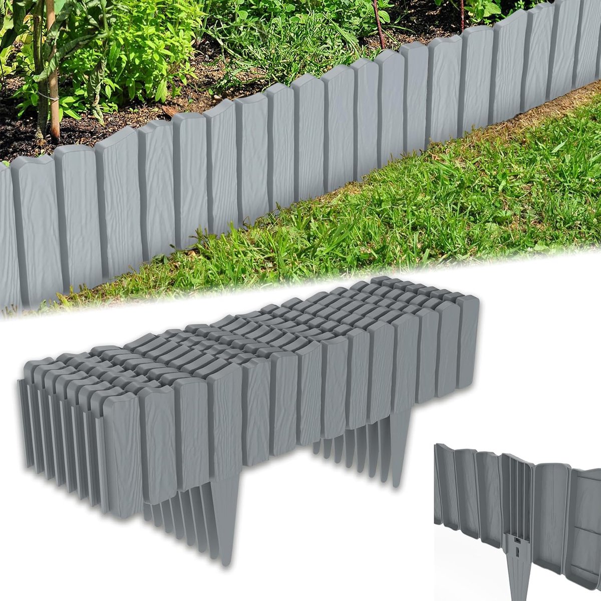 8 stuks PP-kunststof bloembedomranding in houtlook, bloembedomranding voor het onderverdelen van gazon, moestuin en bloembedden, flexibele tuinpalissade, corrosiebestendig (4,6 m, grijs) HMTM8807