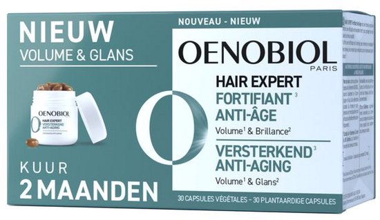 Verpakking Oenobiol Hair Expert Fortifiant Anti-Age, 30 plantaardige capsules voor 2 maanden kuur voor volume en glans.