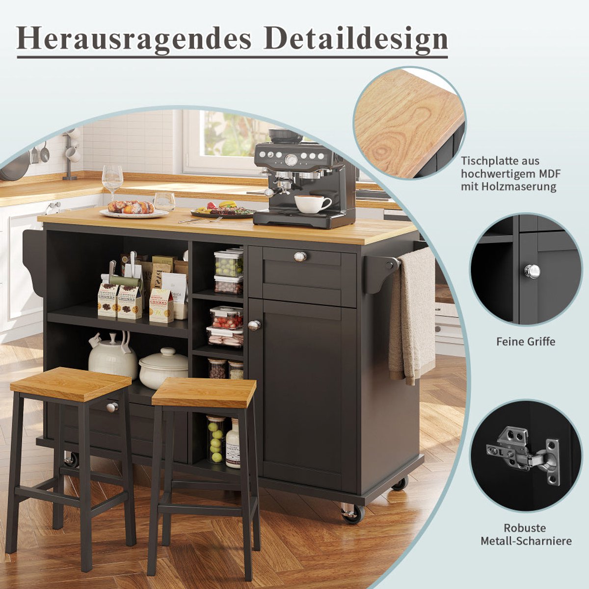 Dolamaní Keukeneiland, vrijstaand 134 x 46 x 92 cm met houtkleur werkblad, beweegbare keukenkast op 5 wielen, met laden en opbergkasten (wit B origineel houten werkblad