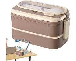 Lunchbox - Dubbele geïsoleerde lunchbox - Met handvat - Geïsoleerde lunchbox met bestek - Grote inhoud - Draagbaar - Roestvrij staal - 1,4 l - Perfect voor school, werk, picknicks en avondeten - 19,5 x 11 cm - Bruin
