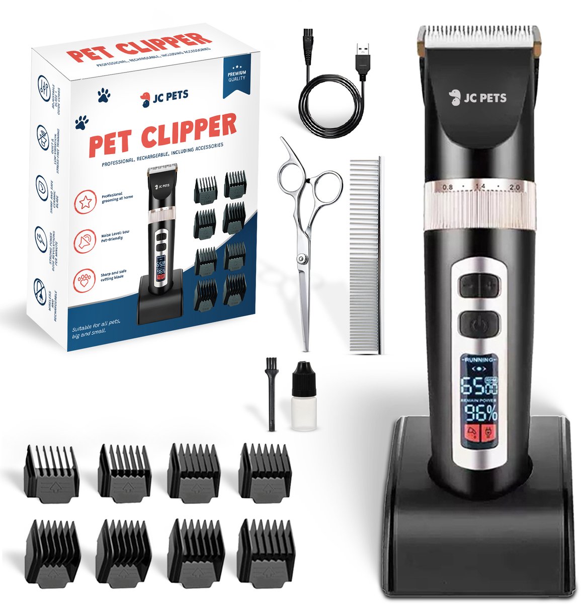 JC Pets Professionele Hondentondeuse - Draadloze Dieren Tondeuse voor Honden, Katten & Alle Vachten - Hondentrimmer dikke vacht - Extra stil - Led display - Inclusief 8 Opzetstukken, Schaar & Kam - Zwart/Zilver