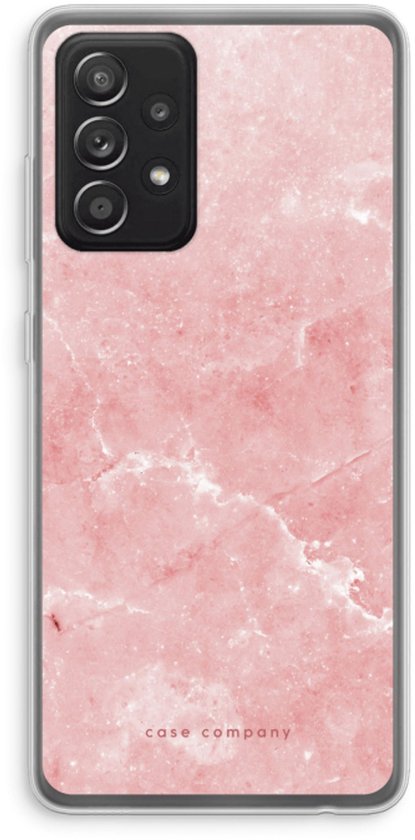 Une coque de téléphone avec un imprimé marbre rose et une découpe pour appareil photo.