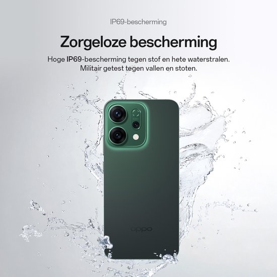Groene Oppo telefoon omringd door spatten water, wat de IP69-waterbestendigheid benadrukt.