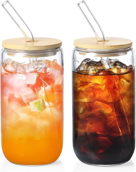 ForDig Verres à boire (2 pièces) avec couvercle en Bamboe et paille en verre – Tasse à thé à Bubble – Verres "long drinks" – Tasse à café glacé – Pot Mason – Verres à cocktail – Tasse à smoothie