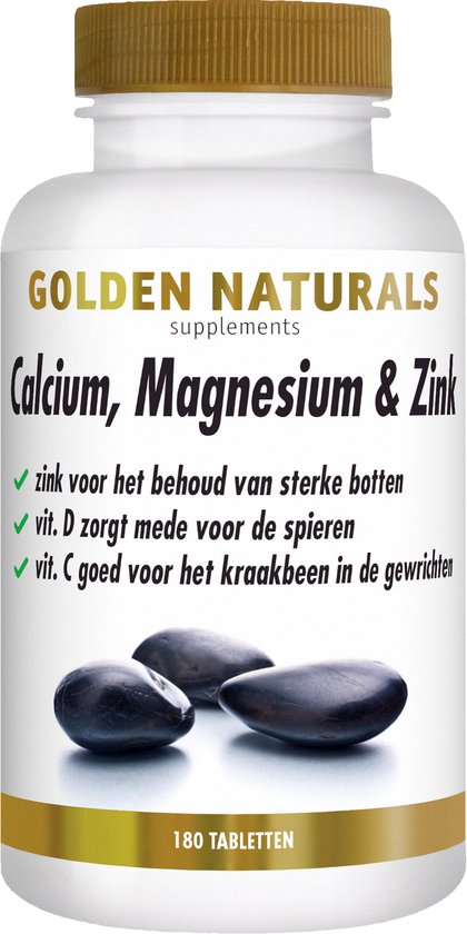 Fles met Golden Naturals Calcium, Magnesium & Zink supplementen. 180 tabletten.