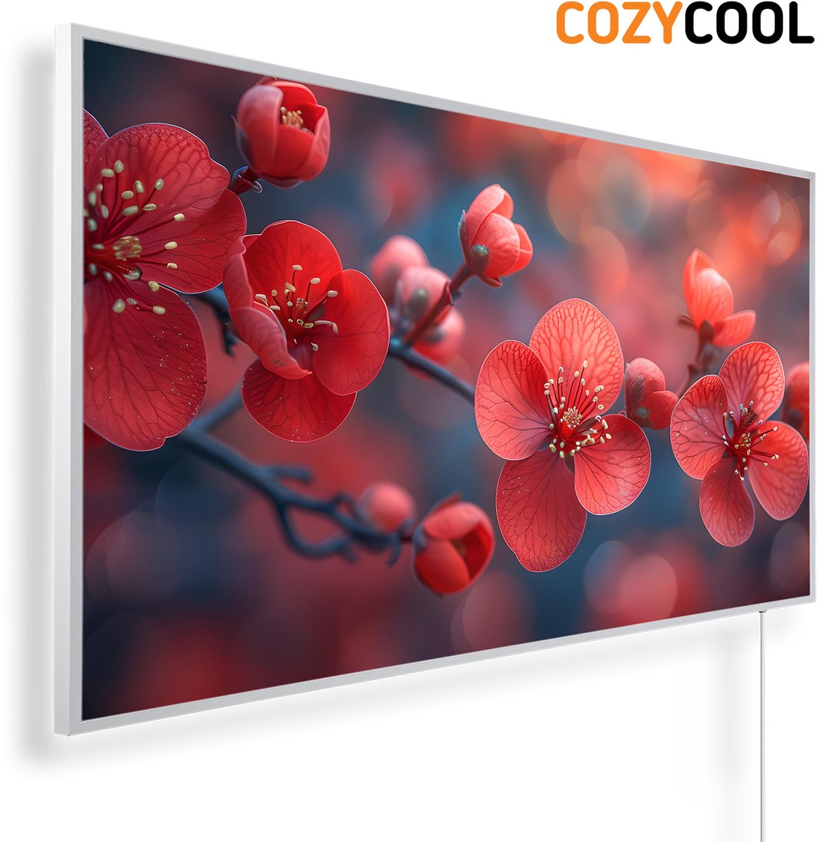 Infraroodpaneel met afbeelding | Rode bloesem close up | 1200 Watt | Witte lijst | Infrarood verwarmingspaneel | Infrarood paneel | Infrarood verwarming