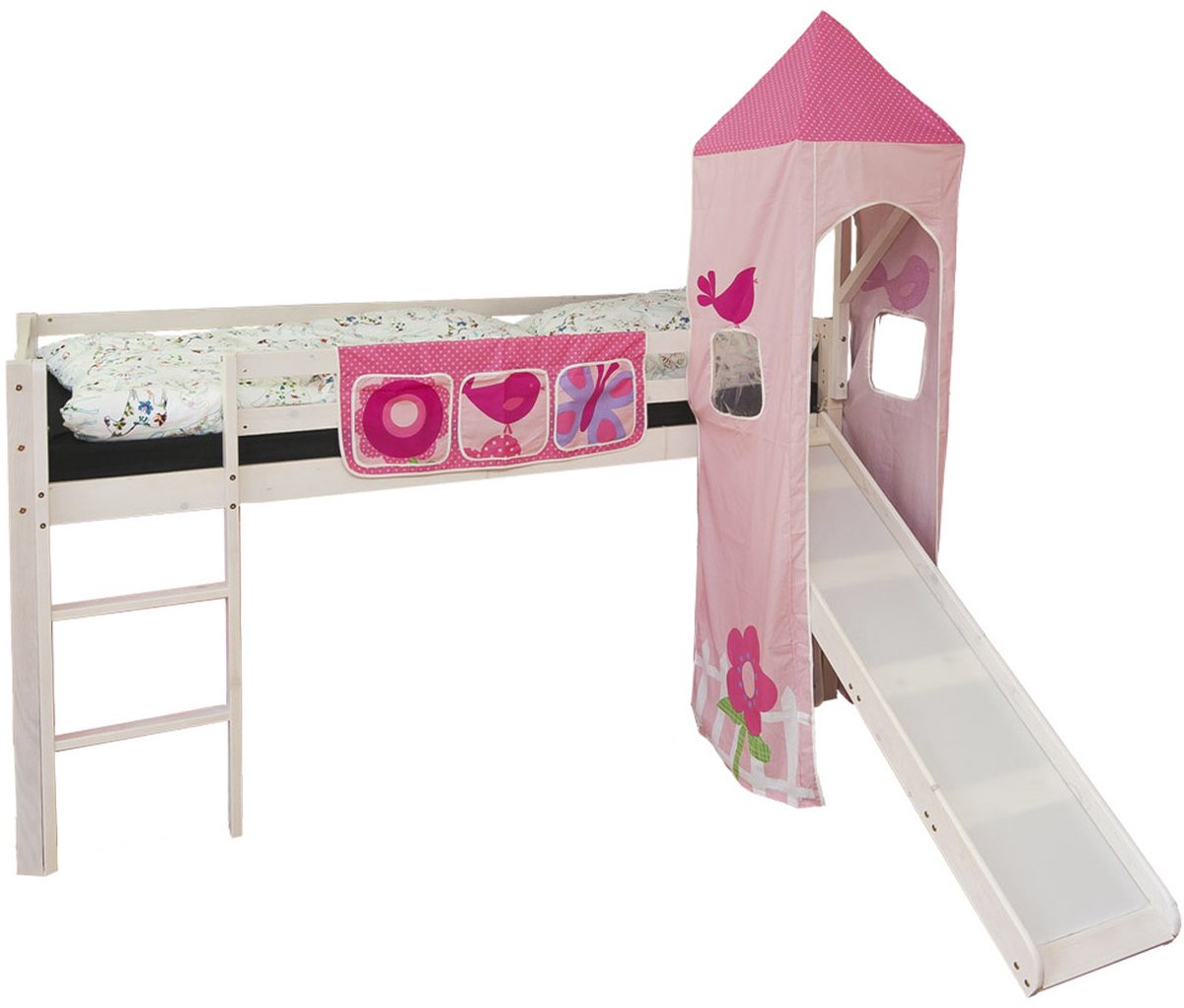 Homestyle4u Hoogslaper - 90x200 cm - met ladder - glijbaan - toren - roze en pink Wit