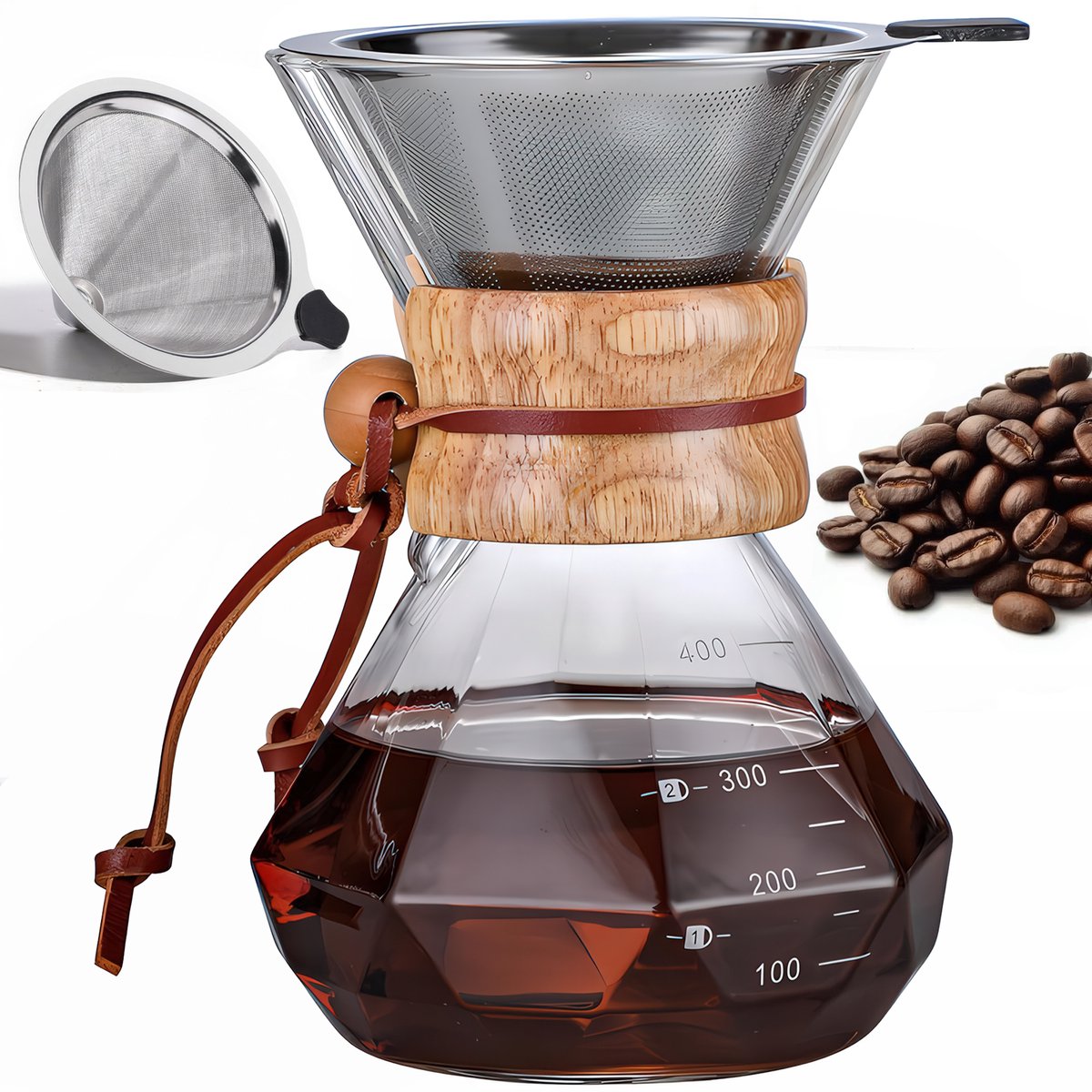Pour Over Koffiepot met Permanent RVS koffiefilter - Slow Coffee Maker Kit - Glazen Cafetière - Koffekan Drip Gieter - Dripper Koffiemaker - Handmatig Filterkoffie koffiezetapparaat met Herbruikbaar Koffie Filter - Koffiefilterhouder set - 400 ML