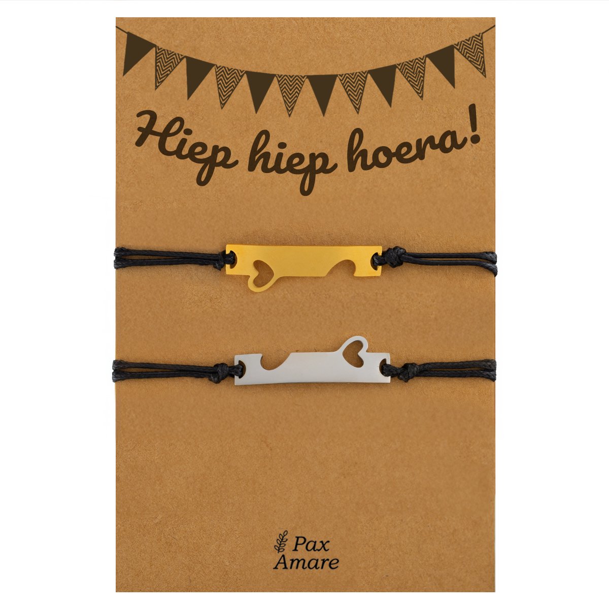 Vriendschapsarmbandjes voor 2 "Hiep Hiep Hoera" - Aangesloten Hartjes - BFF Armbandjes met Verjaardags Cadeau Kaartje - Goudkleurig & Zilverkleurig - Elastisch Verstelbaar - Pax Amare