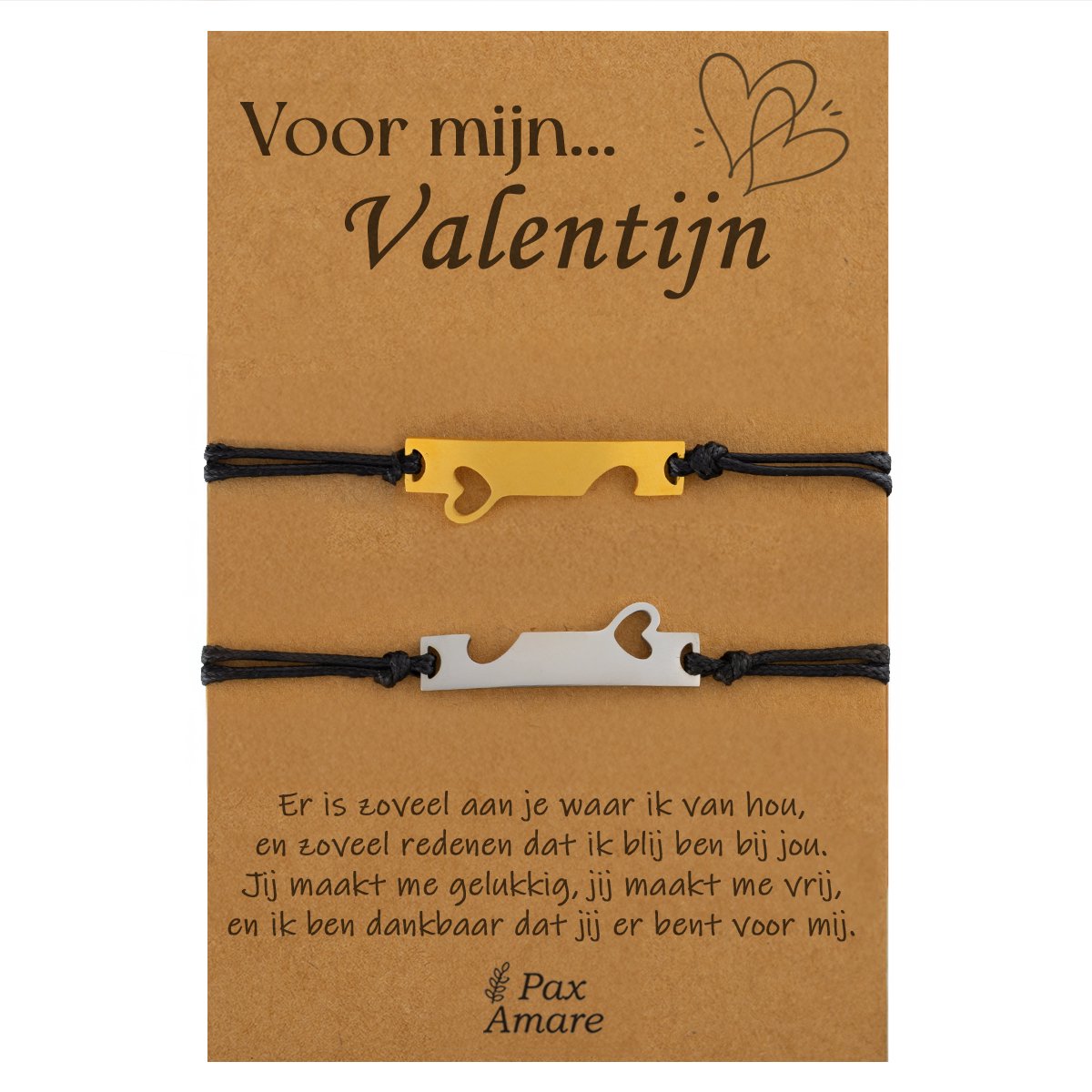 Koppel Armbandjes voor 2 "Voor Mijn Valentijn" - Aangesloten Hartjes - Vriendschapsarmbandjes met Persoonlijk Cadeau Kaartje - Zilverkleurig & Goudkleurig - Elastisch Verstelbaar - Pax Amare