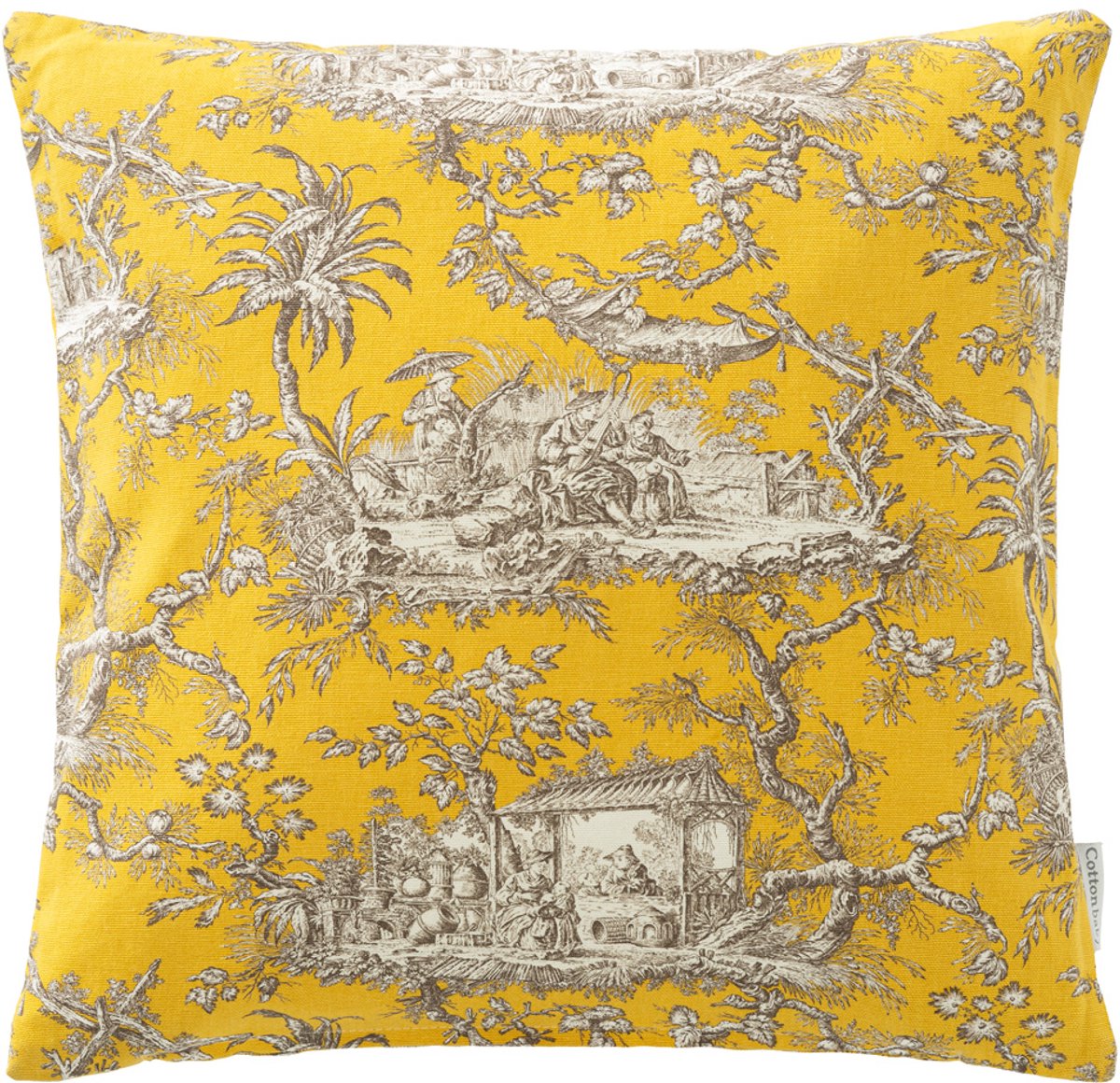 Tjokiki sierkussenhoes - toile de jouy - 40x40 cm. geel/bruin