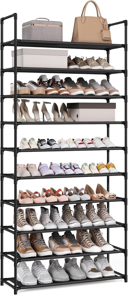 Vasagle Schoenenrek, 10 niveaus, schoenenopbergruimte, slank, 28 x 83 x 173 cm, metalen frame, planken van vliesstof, voor gang, slaapkamer, zwart