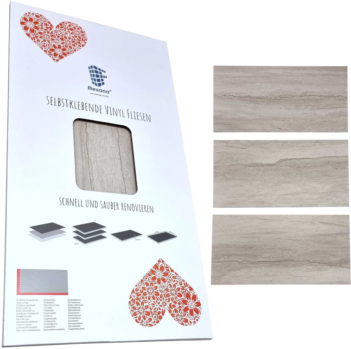 Fliesana - Zelfklevende wand- en vloertegels - set van 3 - waterbestendig, natuursteendessin (cliff)