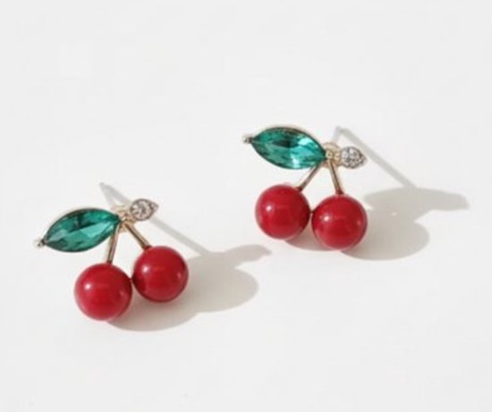Boucles d'oreilles clous dorées pour femme – motif cerise avec perles rouges et pierre verte