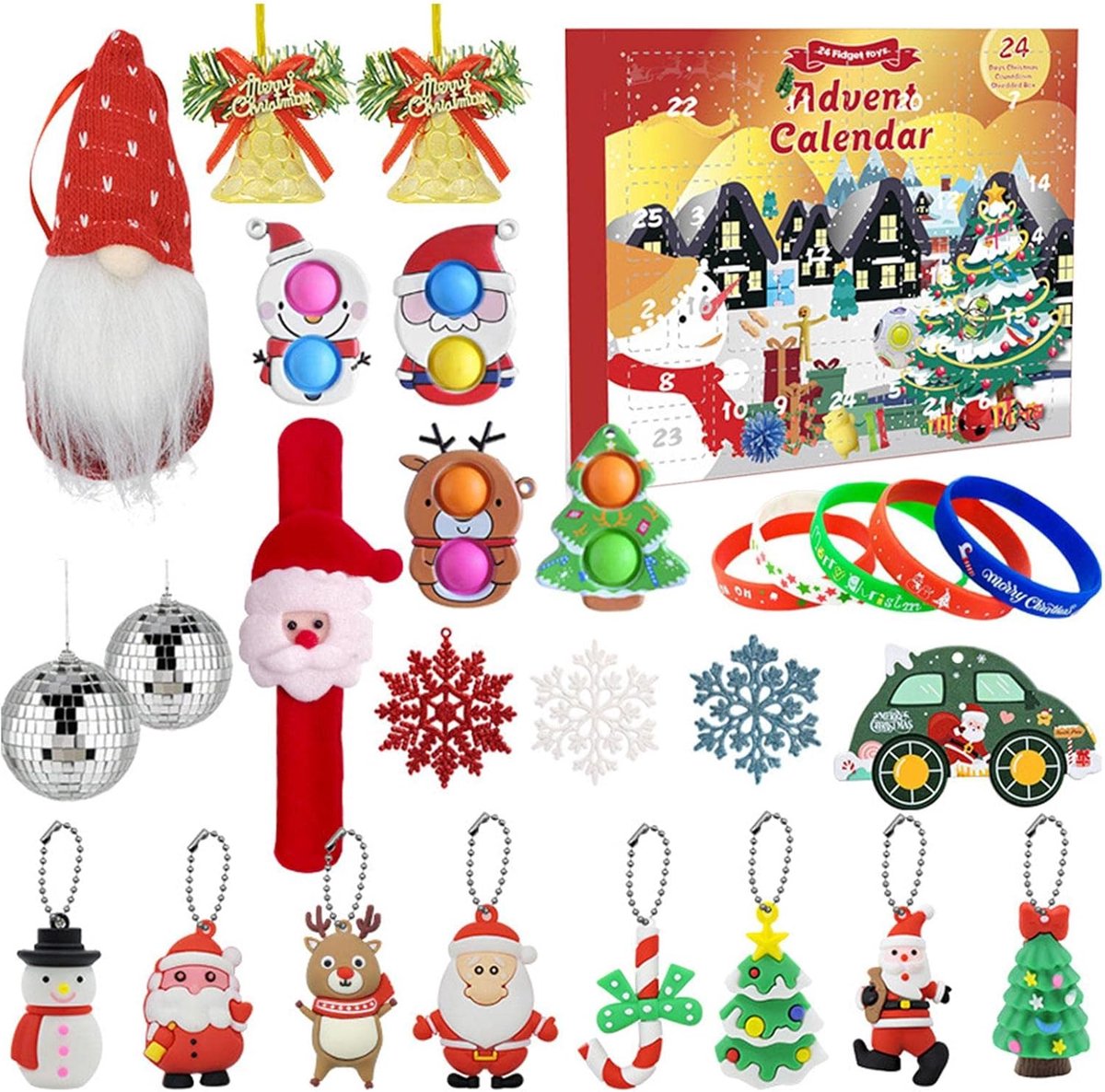 Kleurrijke kerstboomversiering adventskalender met feestelijke figuurtjes.