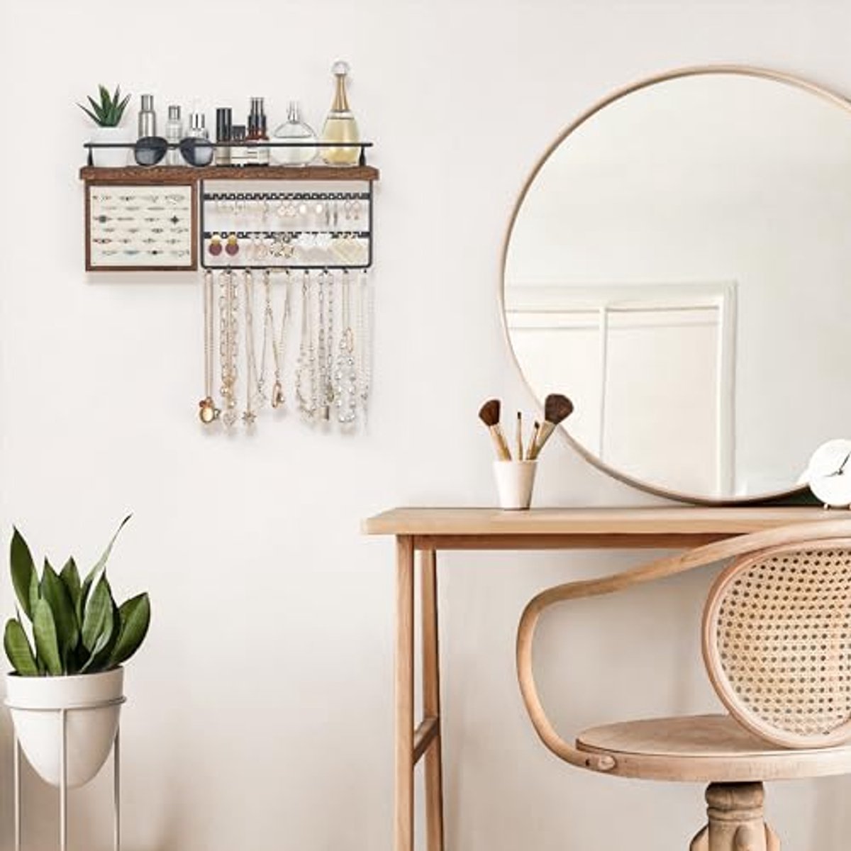 Wandmontage Sieraden Organizer met Houten Plank en Ring Display Box