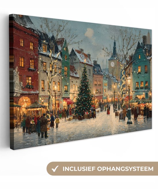 Canvas schilderij 120x80 cm - Exclusieve wanddecoratie Kerstsfeer - Stadsplein - Kleurrijk - Muurdecoratie woonkamer - Kamer decoratie - Schilderijen op canvas - Kerstdecoratie voor binnen - Kerstversiering - Kerstmis versiering