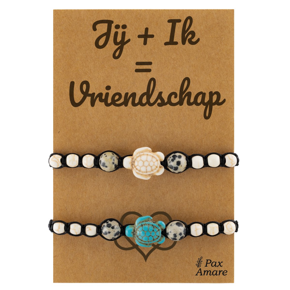 Vriendschapsarmbandjes voor 2 "Jij + Ik = Vriendschap" - Schildpadjes - BFF Armbandjes met Persoonlijk Cadeau Kaartje - Elastisch Verstelbaar - Pax Amare
