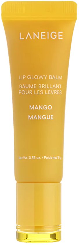 Gele Laneige Lip Glowy Balm tube met de tekst 'MANGO MANGUE'.