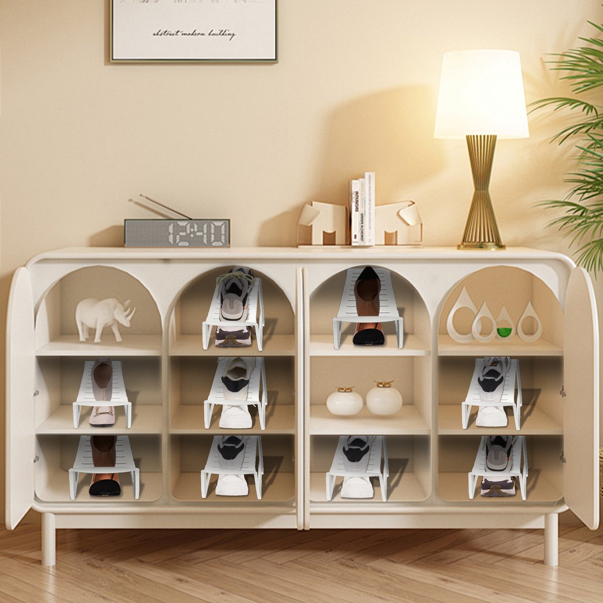 30x Antislip Schoenregalen Schoenuitsparingen Organisator Voor Kast Schoenhouder Stapelbaar Schoenorganisator Dubbellaagse Schoenen Opslag Kist 25x14,5x14cm Schoenstapler Wit