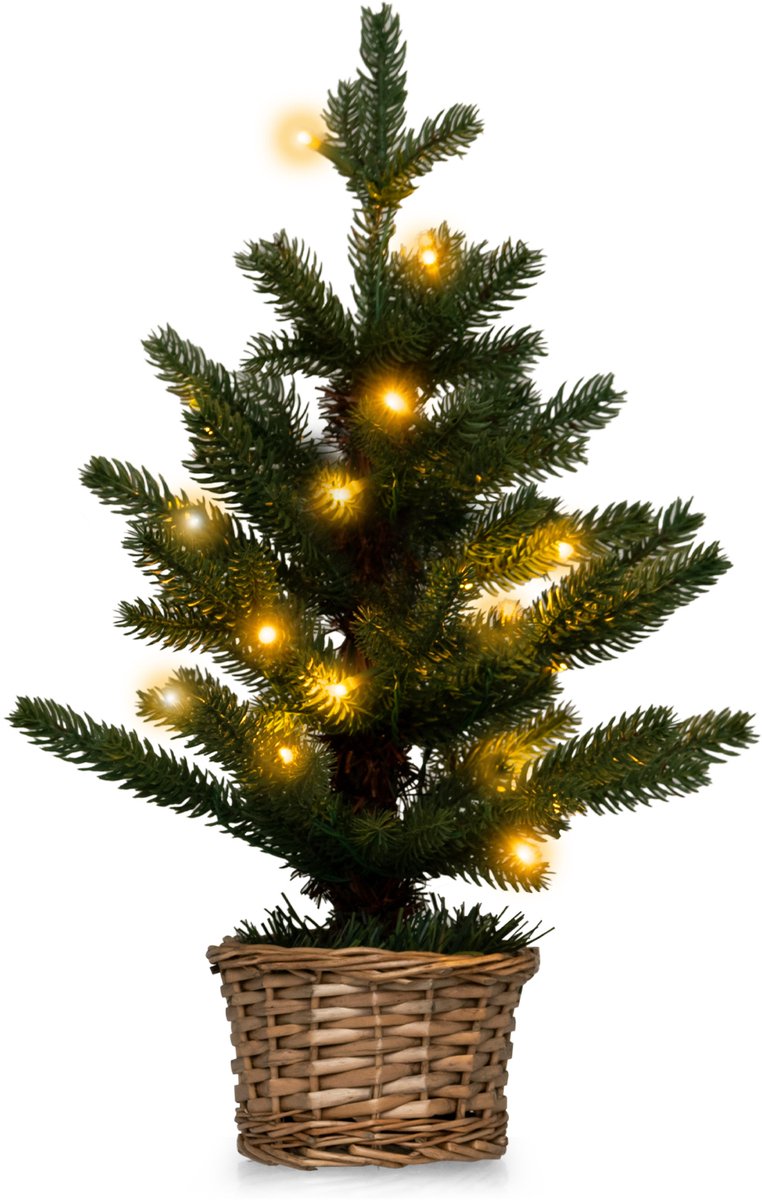 COSTWAY Kleine kerstboom, 48 cm, verlichte mini-kerstboom, 20 leds in warm wit, kunsttafel, kerstboom, dennenboom met wilgenhouten pot en timer, kerstboom voor thuis en kantoor