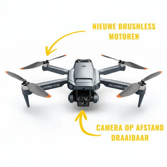 Grijze drone met vier propellers. Met oranje accenten op de propellers en camera in het midden. Tekst: 'Nieuwe brushless motoren' en 'Camera op afstand draaibaar'.