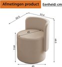 Afmetingen van een lichtbeige, ronde kruk met rugleuning: hoogte 68.5 cm, zitdiepte 45 cm.