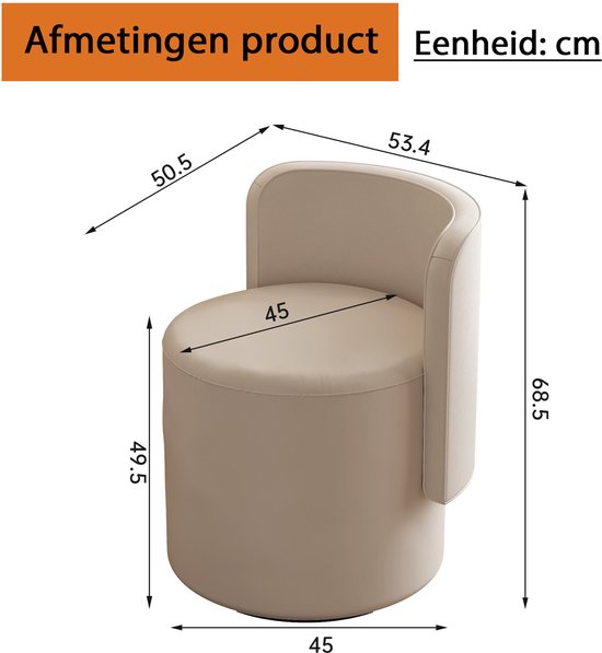 Afmetingen van een lichtbeige, ronde kruk met rugleuning: hoogte 68.5 cm, zitdiepte 45 cm.