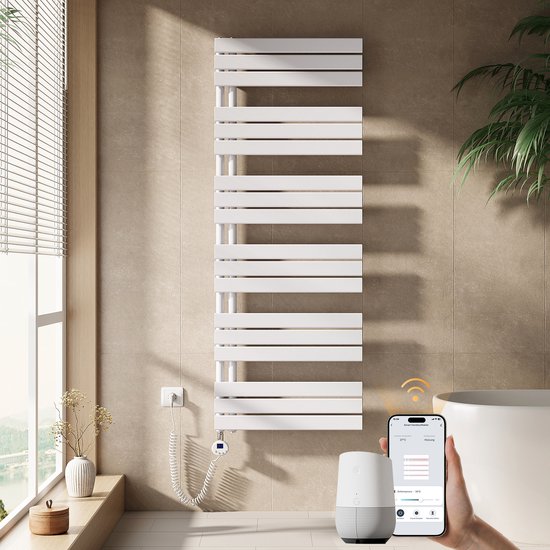 Witte elektrische handdoekradiator in een badkamer, met mobiele app bediening.