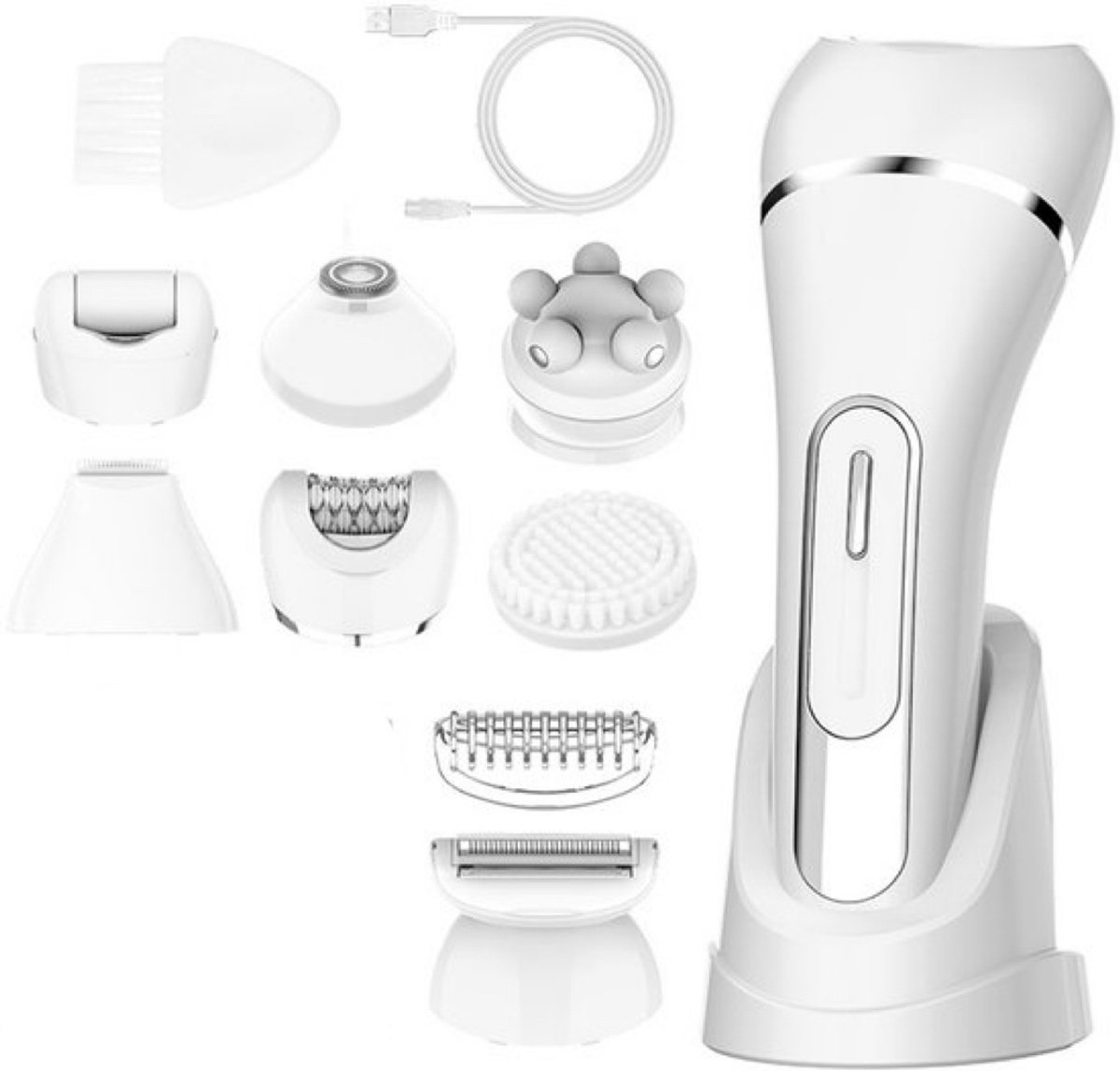7-in-1 multifunctionele elektrische epilator voor dames, scheerapparaat, bikinilijn, okselhaartrimmer met oplaadstandaard, wit