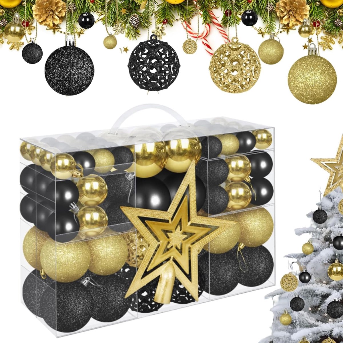 Kerstballen ornamenten set in goud en zwart voor feestelijke kerstboomdecoratie.