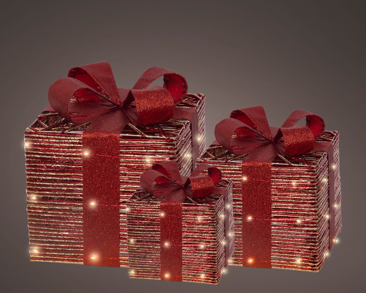 Rode LED-cadeauset met timer – 3 stuks kerstdecoratie voor binnen, 30 cm hoog