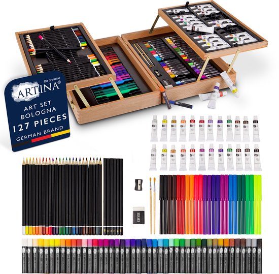 Artina Boîte à peinture Boîte à dessin Bologne 127 pièces : pastels à l'huile, crayons de couleur, crayons d'aquarelle