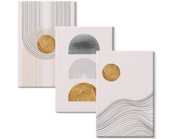 Wallfluent Set van canvas schilderijen - Abstracte vormen en lijnen in tinten beige en grijs Canvas Schilderijen Set - set 3 stuks 20x30 cm - Romig Set van Canvas Prints - Abstractie Canvas Kunst Set - Boheemse Canvas Kunst Set