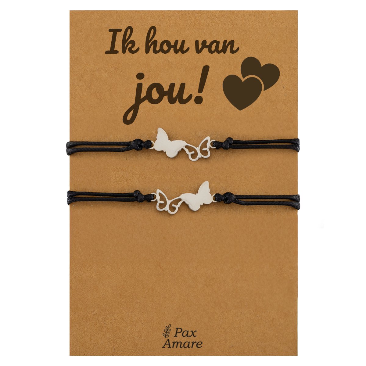 Vriendschapsarmbandjes voor 2 "Ik Hou van Jou" - Vlinders - Koppel Armbandjes met Lief Cadeau Kaartje - Zilverkleurig - Elastisch Verstelbaar - Pax Amare