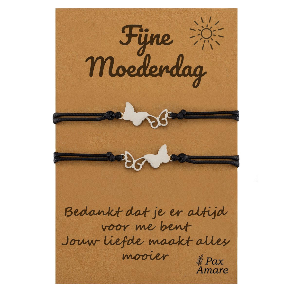 Moeder Dochter Armbandjes voor 2 "Fijne Moederdag" - Vlinders - Moeder Kind Armbandjes met Persoonlijk Cadeau Kaartje voor mama - Zilverkleurig - Elastisch Verstelbaar - Pax Amare