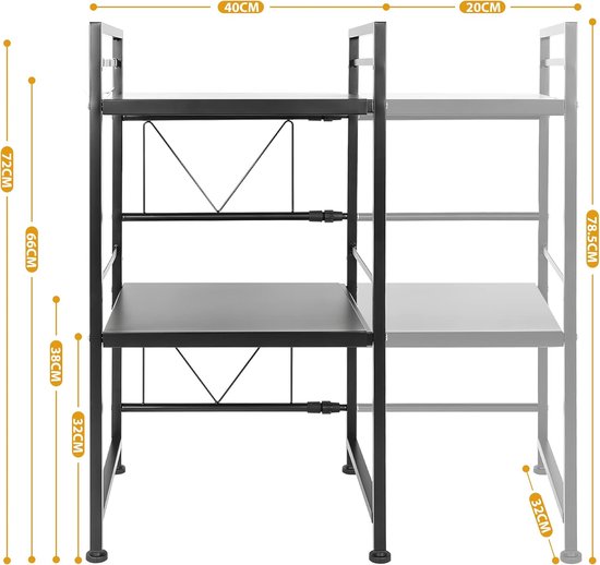Magnetronrek, 3-traps magnetronhouder, organizer met haken, uitbreidbaar magnetronrek, uittrekbaar magnetronrek, 40-64 cm, van koolstofstaal (3 etages, zwart