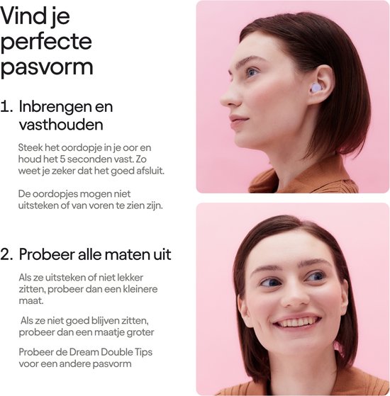 Vrouw met een lichtpaarse oordop in haar oor en een andere oordop in haar hand. Een andere vrouw lacht met lichtpaarse oordoppen in haar oren.