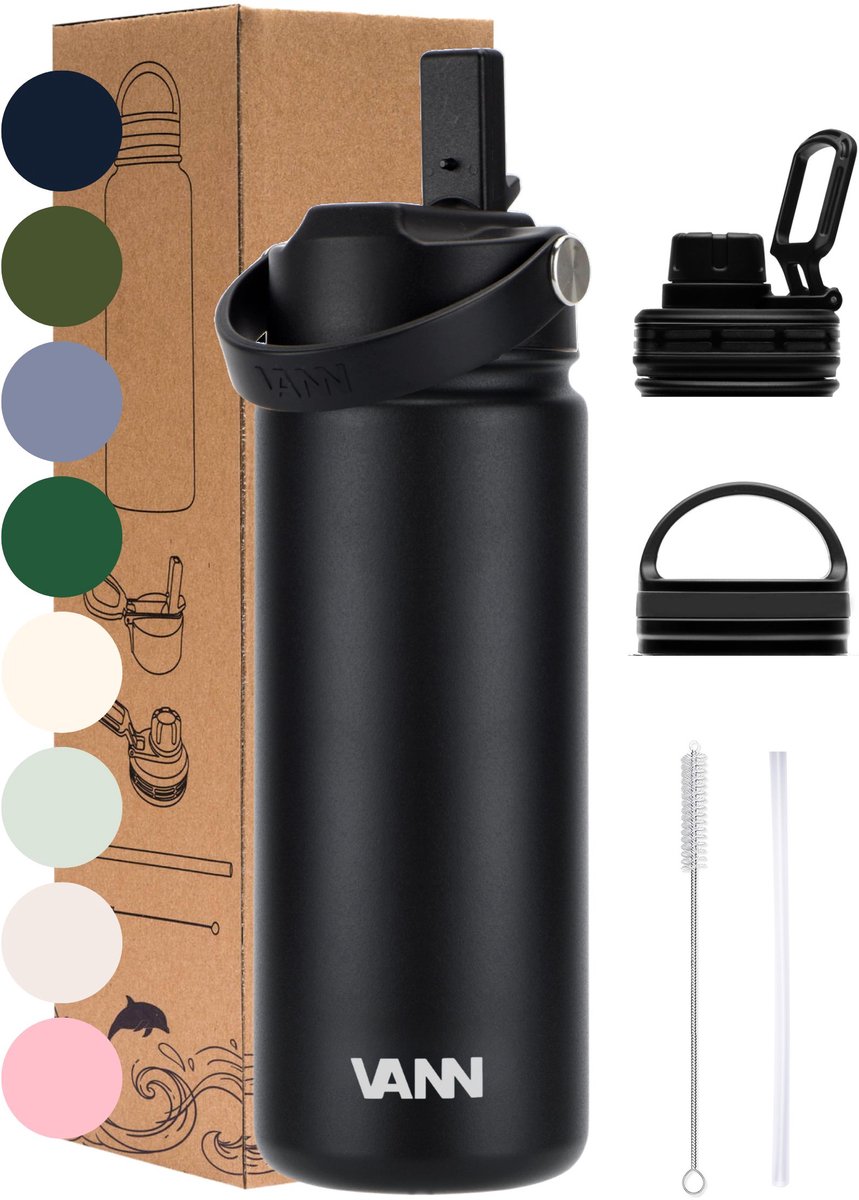 Waterfles 500 ml met rietje multifunctioneel - Drinkfles volwassenen - RVS inclusief 3 doppen - 24uur koud/12 uur warm - Zwart