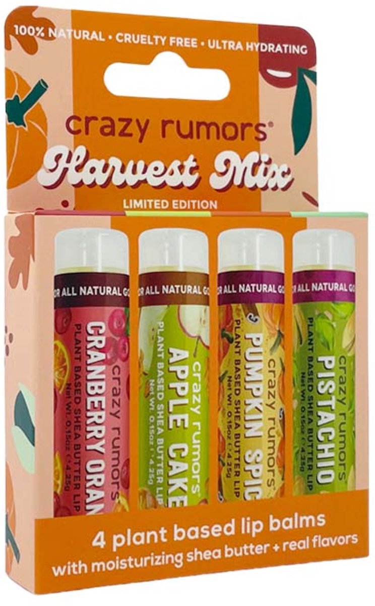 Crazy Rumors - lippenbalsem - harvest mix - 4 pack - apple cake - orange cranberry - pumpkin spice - pistachio