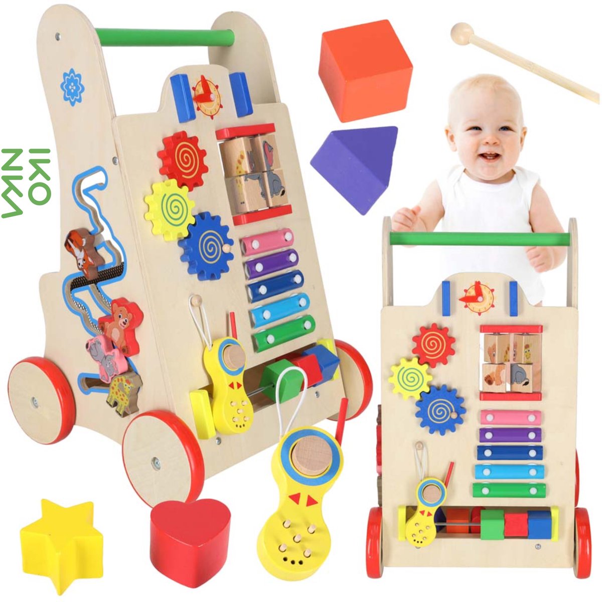 Ikonka Houten Loopwagen Peuter 1+ - Interactieve Baby Walker met Speelactiviteiten, Klok, Puzzel & Sorteerder - Leer Lopen & Spelen - Loopwagen - Loopstoel Baby - Loopwagen Baby - Met E-Book