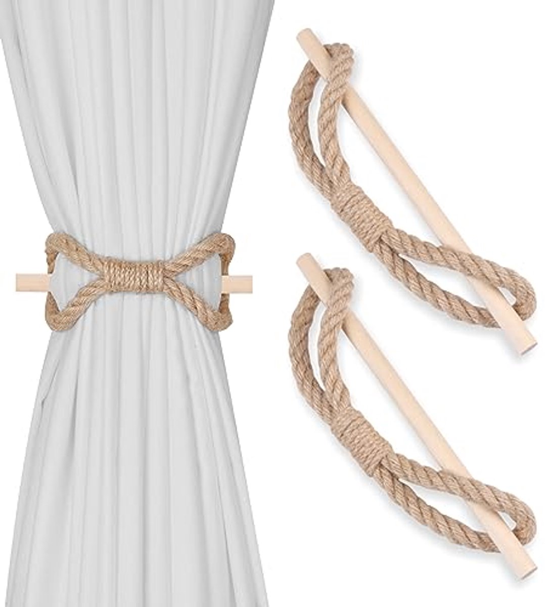 Set van 2 Henneptouw en Houten Gordijnhouders voor Boerderijdecoratie en Boho-Stijl