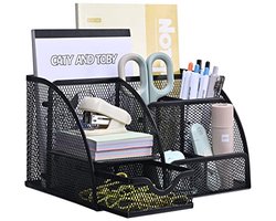 Bureau-organizer met lade en pennenhouder - Metalen mesh bureau-accessoire voor pennen, plaknotities, nietmachines en paperclips in zwart