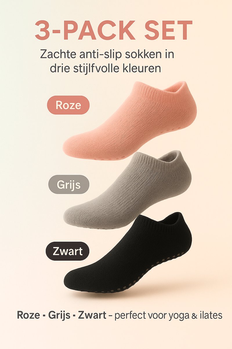 Pilates Yoga – Pilates Sokken Dames – Antislip Gripzool – Comfortabel & Ademend – Set van 3 Paar (Roze, Grijs, Zwart)