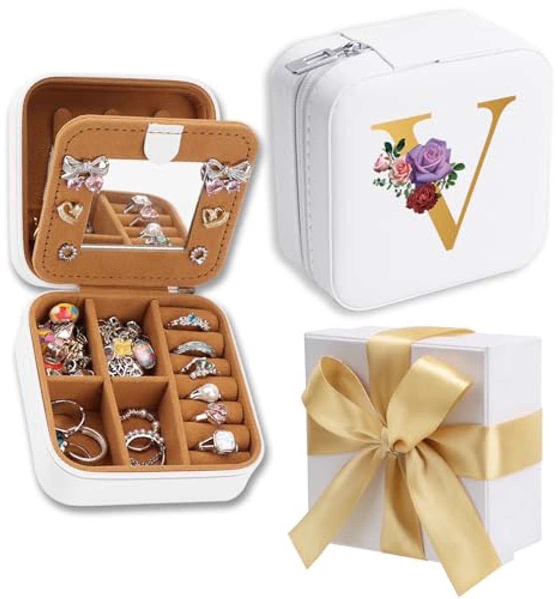Sieraden Doos met Spiegel - Witte Cadeaudoos voor Vrouwen - Travel Organizer voor Horloges, Oorbellen en Halskettingen