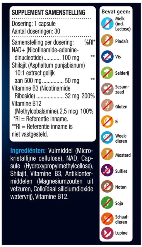 Voedingssupplement, lijst met ingrediënten en allergenen: Melk, Pinda's, Vis, Selderij, Sesamzaad, Gluten, Ei, Weekdieren, Mosterd, Sulfiet, Noten, Soja, Schaaldieren, Lupine.