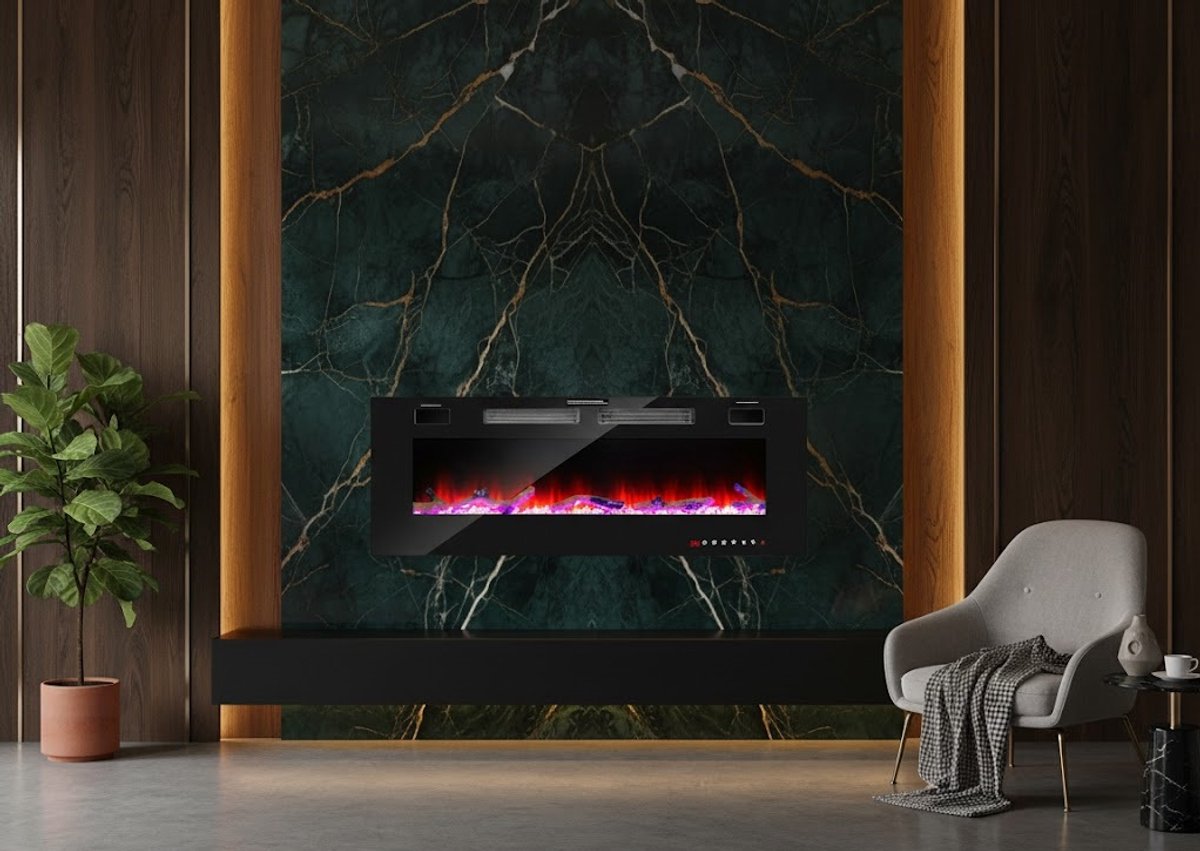 Elektrische Inbouwhaard LuxeFlame Pro 1500W – 12 Kleurige LED Vlameffecten, 3D Sfeerverlichting, Afstandsbediening, Thermostaat, Timer & Stil Verwarmen – Ultra Dun Design – Zwart – 135 cm HomeByNicole